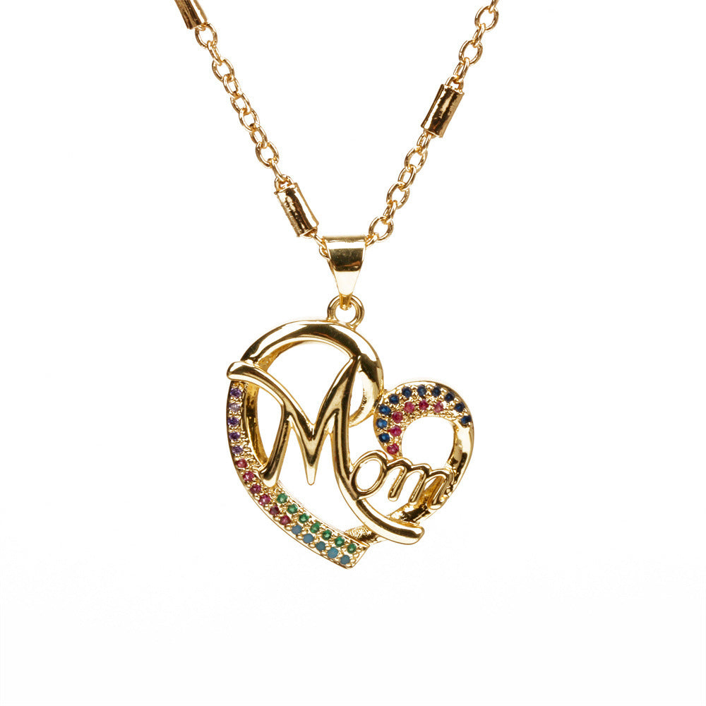 Venta al por mayor, collar con letras de melocotón para mamá con diamantes de color con incrustaciones de cobre para el día de la madre